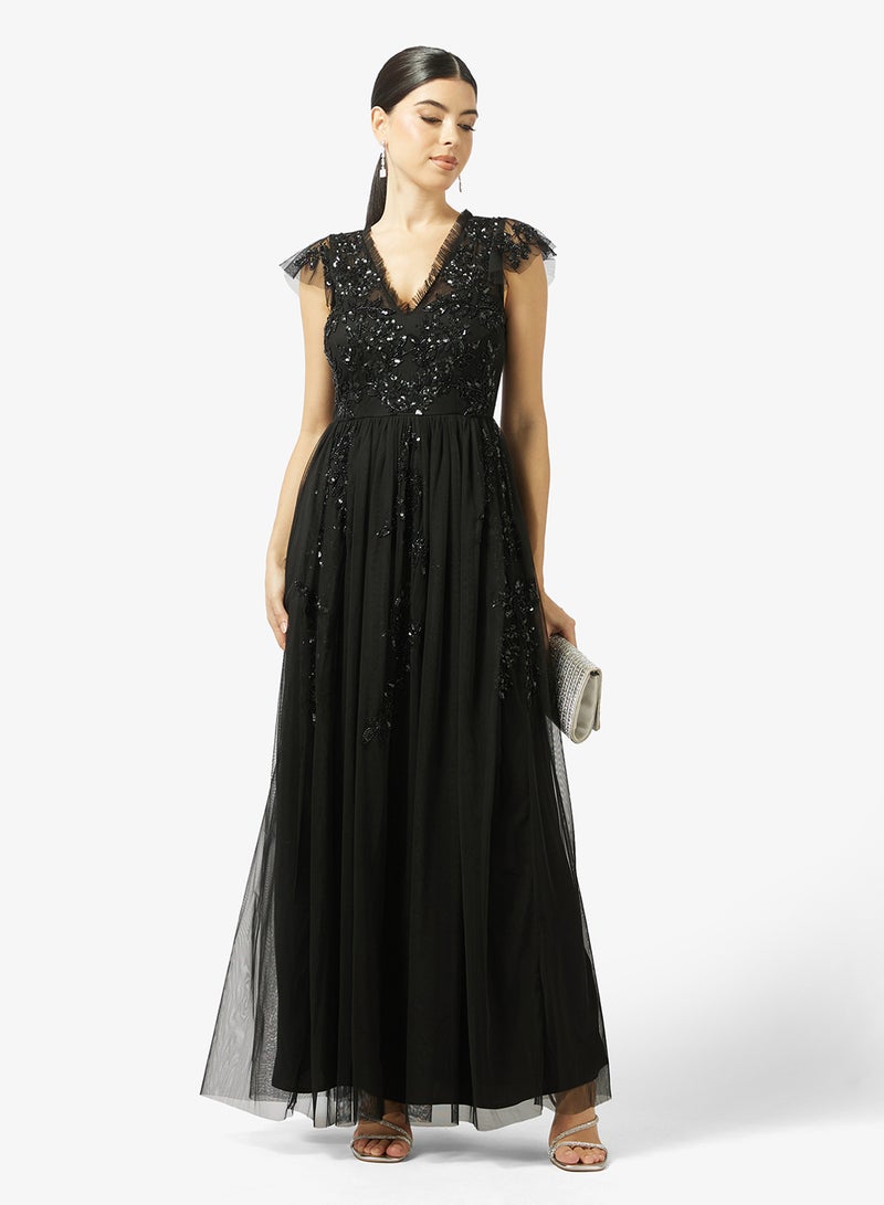 مايا فستان ماكسي تول مزين بكشكش - Image 4