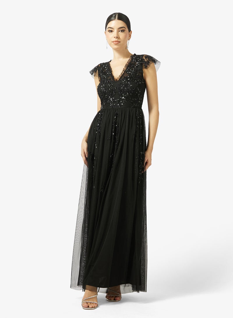 مايا فستان ماكسي تول مزين بكشكش - Image 1