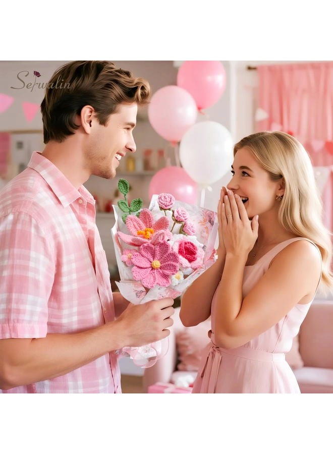 Serwalin Crochet Flower Bouquet, Pink Handmade Knitted Flowers, Crochet Tulips Galsang Flowers for Mother's Day Graduation Teacher Anniversary Birthday Gifts for Her, Girlfriend, Wife(Include Card) - Image 3