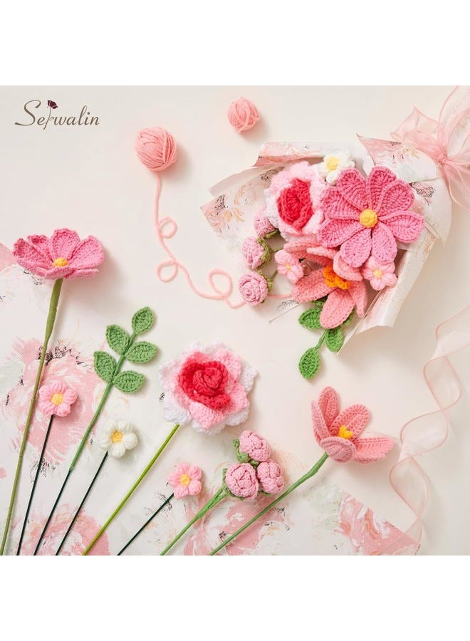 Serwalin Crochet Flower Bouquet, Pink Handmade Knitted Flowers, Crochet Tulips Galsang Flowers for Mother's Day Graduation Teacher Anniversary Birthday Gifts for Her, Girlfriend, Wife(Include Card) - Image 5