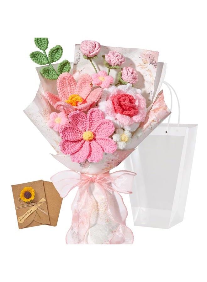 Serwalin Crochet Flower Bouquet, Pink Handmade Knitted Flowers, Crochet Tulips Galsang Flowers for Mother's Day Graduation Teacher Anniversary Birthday Gifts for Her, Girlfriend, Wife(Include Card) - Image 1