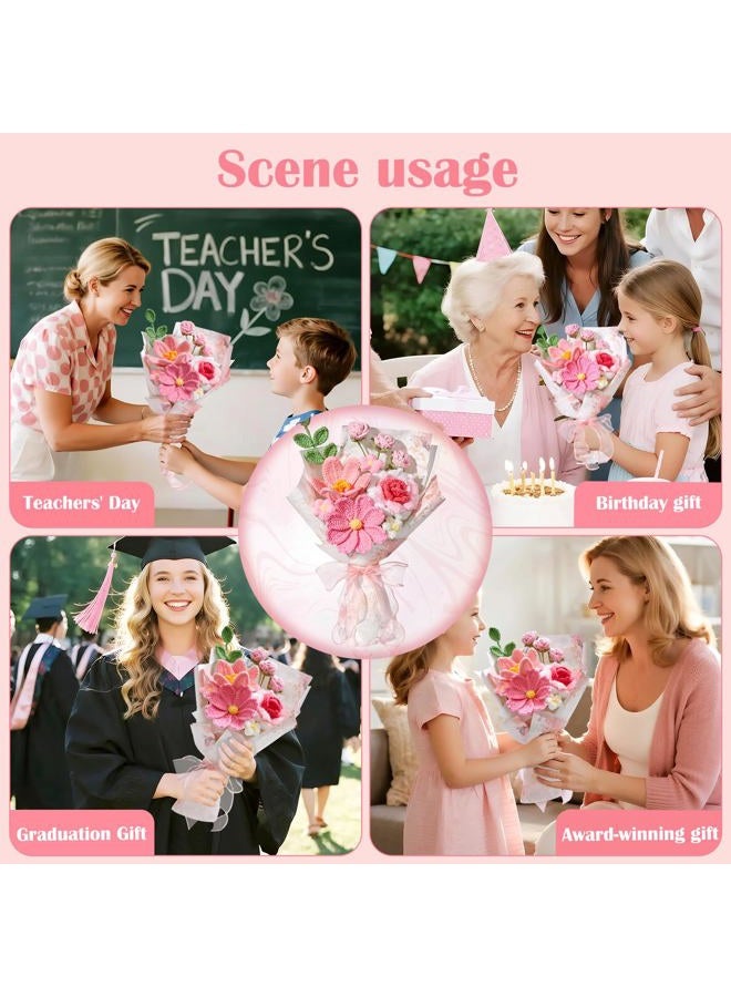 Serwalin Crochet Flower Bouquet, Pink Handmade Knitted Flowers, Crochet Tulips Galsang Flowers for Mother's Day Graduation Teacher Anniversary Birthday Gifts for Her, Girlfriend, Wife(Include Card) - Image 2