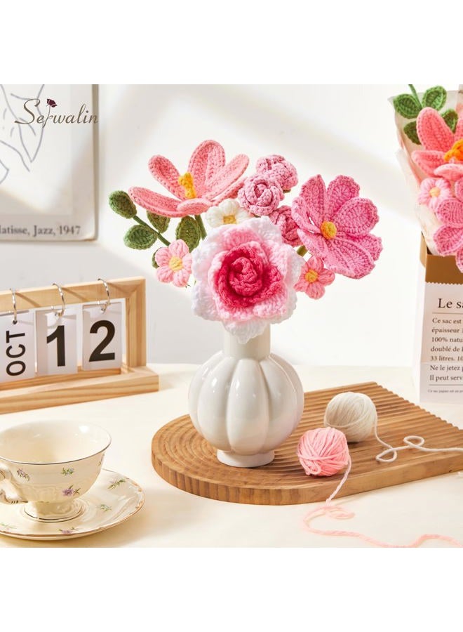 Serwalin Crochet Flower Bouquet, Pink Handmade Knitted Flowers, Crochet Tulips Galsang Flowers for Mother's Day Graduation Teacher Anniversary Birthday Gifts for Her, Girlfriend, Wife(Include Card) - Image 4