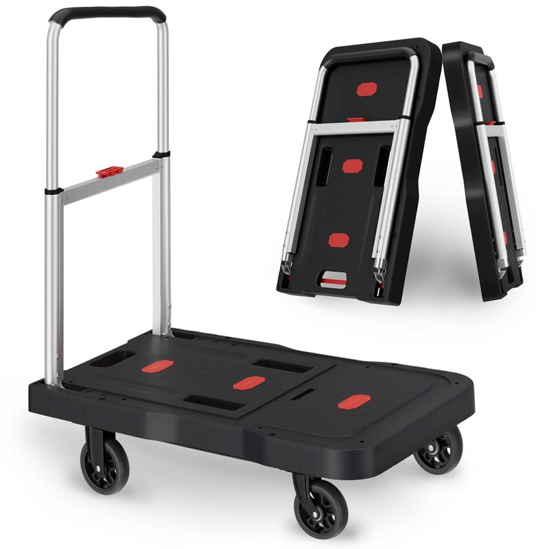 Platform Truck Foldable Push Cart Dolly 330lb Weight Capacity Adjustable Hand Truck Handle with 360 Degree Swivel Wheels for Garage Garden Home Office Use Black
