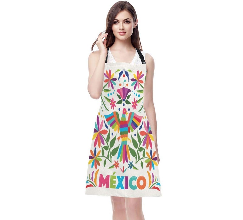 EKOBLA Birds Aprons Colorful Mexico Traditional Texture Vibrant Floral Pattern Leaves Waterproof Resistant Chef Cooking Kitchen BBQ Adjustable Aprons for Women Men 27x31 Inch - Image 2