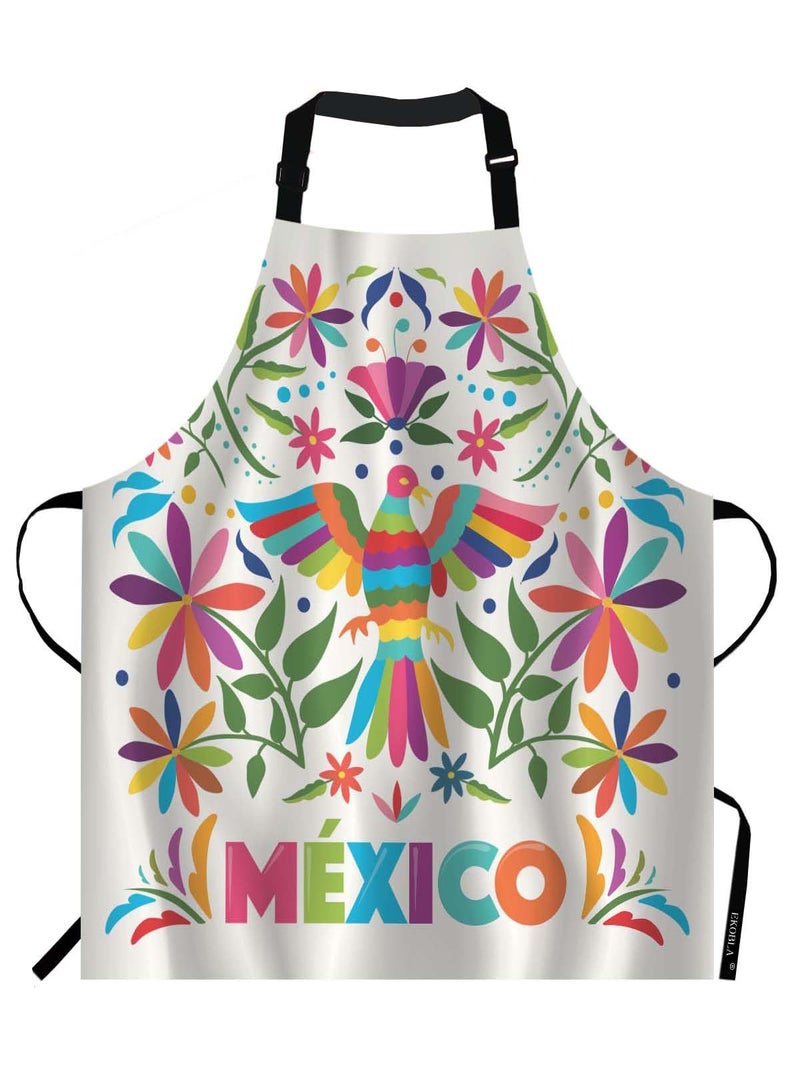 EKOBLA Birds Aprons Colorful Mexico Traditional Texture Vibrant Floral Pattern Leaves Waterproof Resistant Chef Cooking Kitchen BBQ Adjustable Aprons for Women Men 27x31 Inch - Image 1