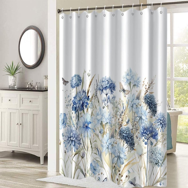 Ruelvth Blue Floral Shower Curtain  Watercolor Hydrangea Flower Shower Curtain for Bathroom Waterproof Fabric Shower Curtain Set with Hooks  72x72 Inch - Image 1