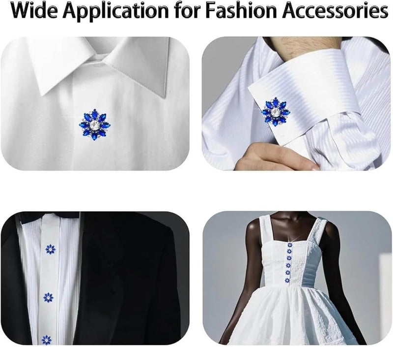 Button Covers 12 Pcs Design Rhinestone Button Cover DIY Accessories Alloy Flower Cufflinksble Shirt Box for Men Women(Blue) - Image 4