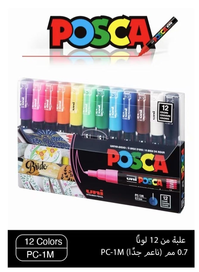 POSCA 12 Posca Paint Markers, 1M Markers with Extra Fine Tips, Posca Marker Set of Acrylic Paint Pens | for Art Supplies, Fabric Paint, Markers for Art - Image 1