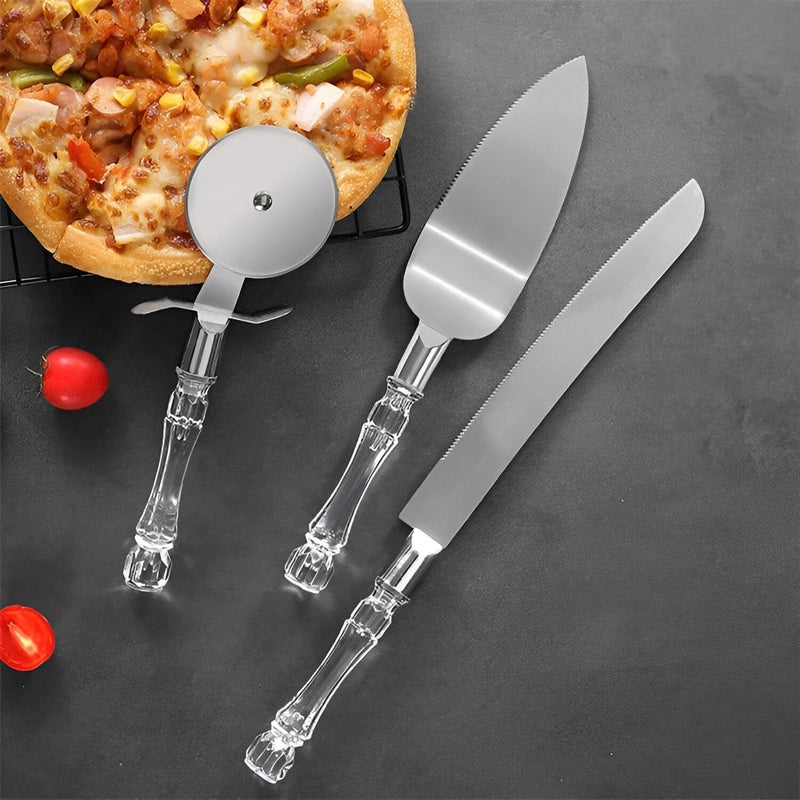 Refined Cake Presentation - A stylish three-piece serving set designed for cakes and desserts, featuring sharp stainless steel blades and transparent acrylic handles for a luxurious dining experience. - Image 1