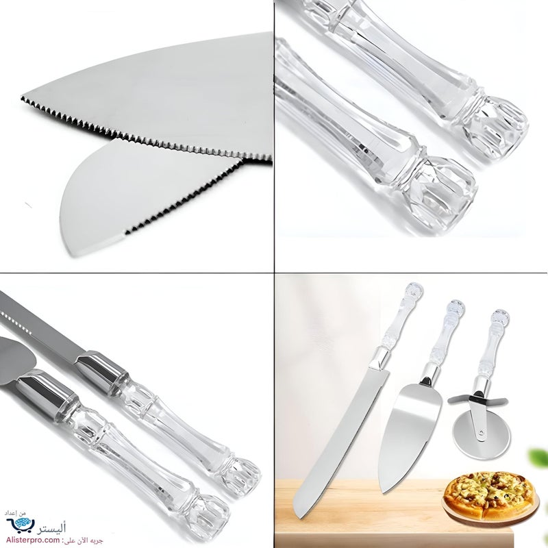 Refined Cake Presentation - A stylish three-piece serving set designed for cakes and desserts, featuring sharp stainless steel blades and transparent acrylic handles for a luxurious dining experience. - Image 4