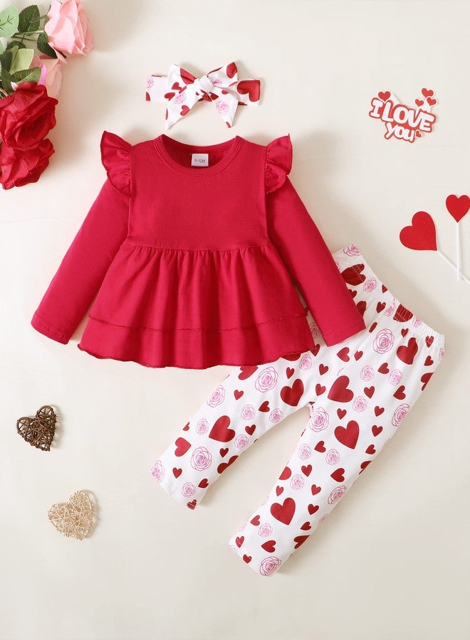 SODLON Baby Toddler Girl Clothes Ruffle Long Sleeve Top Little Girl Pants Set Cute Infant Toddler Girl Fall Winter Outfits 9M-4T, Red Heart, 2-3T - Image 2