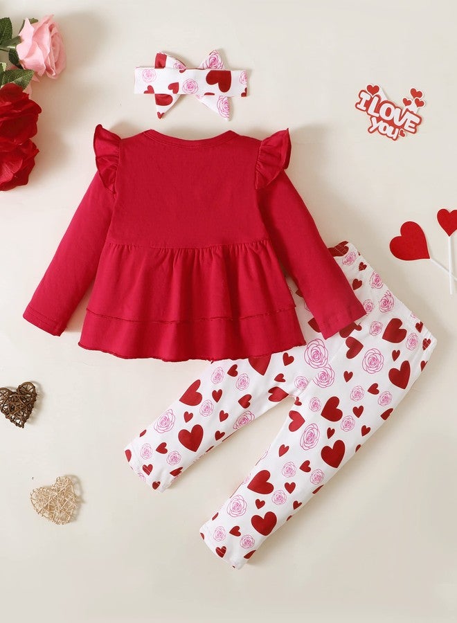 SODLON Baby Toddler Girl Clothes Ruffle Long Sleeve Top Little Girl Pants Set Cute Infant Toddler Girl Fall Winter Outfits 9M-4T, Red Heart, 2-3T - Image 3