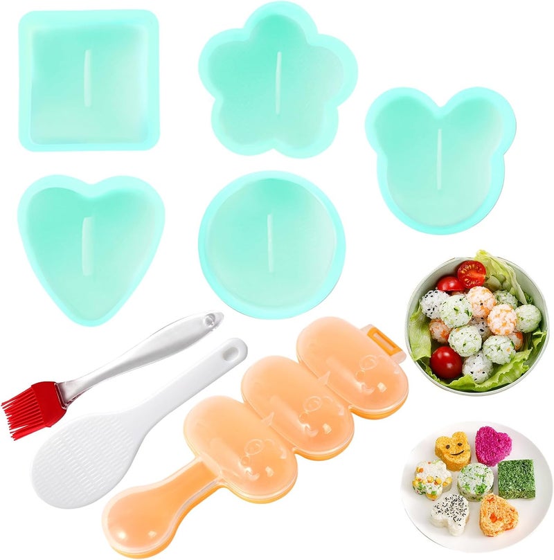 MLRYH Onigiri Maker, 8 Pcs Sushi Onigiri Musubi Maker Kit - Rice Ball Mold with Small Rice Paddle, Brush for Kitchen (Green) - Image 1