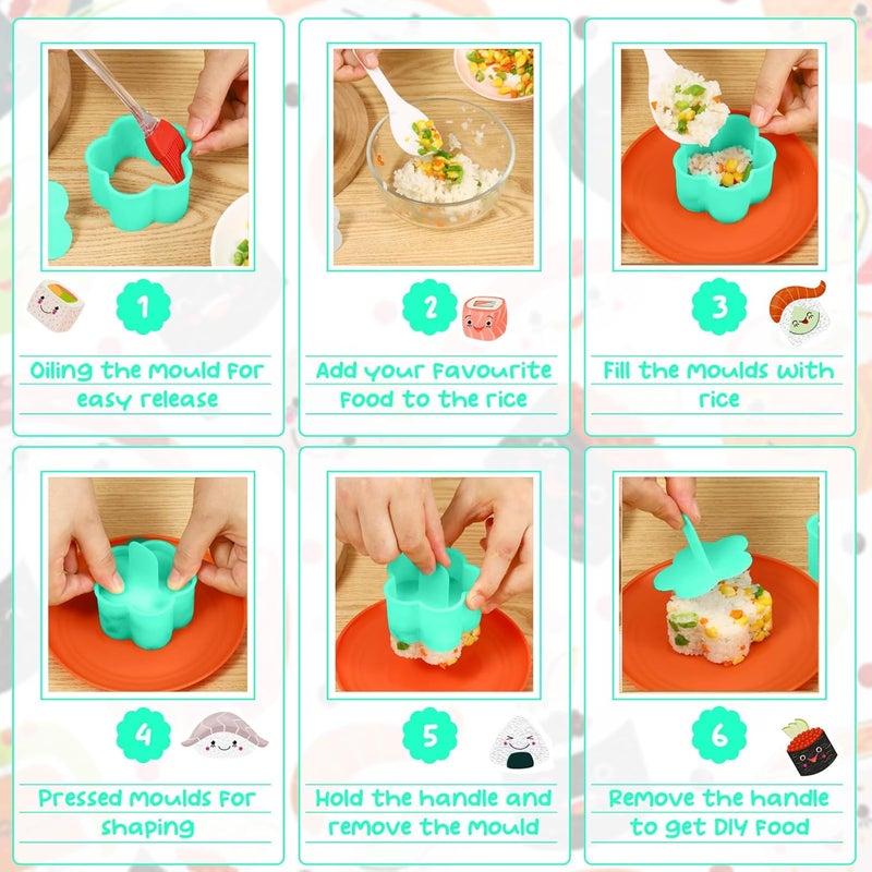 MLRYH Onigiri Maker, 8 Pcs Sushi Onigiri Musubi Maker Kit - Rice Ball Mold with Small Rice Paddle, Brush for Kitchen (Green) - Image 3