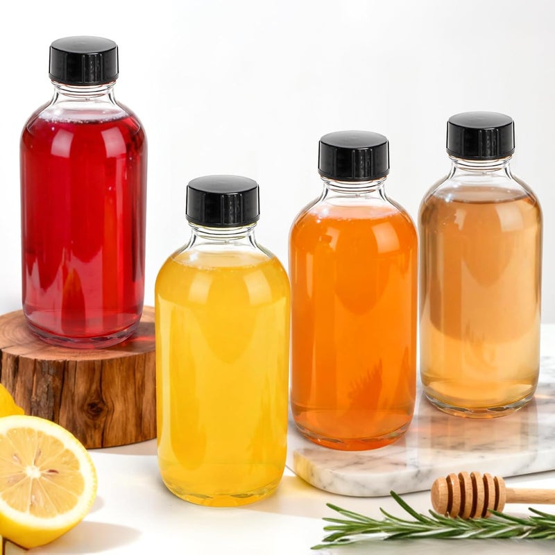 Bekith 24 Pack Clear Boston Round with Black Poly Cone Cap, 4 oz Clear Glass Bottles Sample Bottles for Juice, Ginger Shots, Oils, Whiskey, Liquids - Image 5