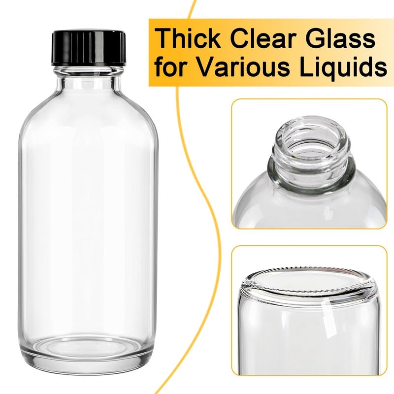 Bekith 24 Pack Clear Boston Round with Black Poly Cone Cap, 4 oz Clear Glass Bottles Sample Bottles for Juice, Ginger Shots, Oils, Whiskey, Liquids - Image 4