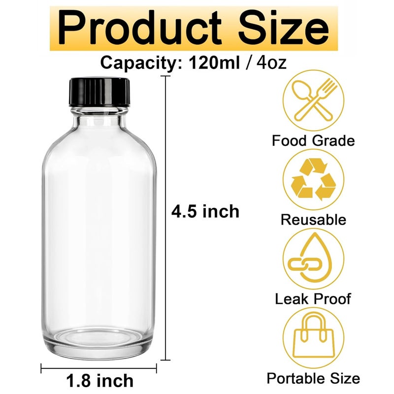 Bekith 24 Pack Clear Boston Round with Black Poly Cone Cap, 4 oz Clear Glass Bottles Sample Bottles for Juice, Ginger Shots, Oils, Whiskey, Liquids - Image 2