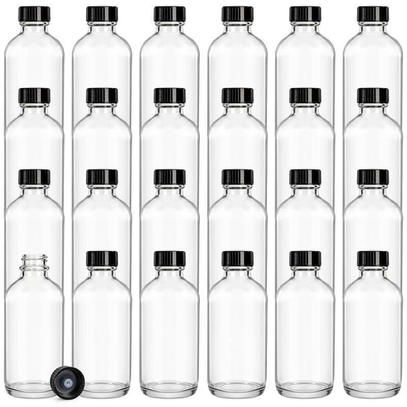 Bekith 24 Pack Clear Boston Round with Black Poly Cone Cap, 4 oz Clear Glass Bottles Sample Bottles for Juice, Ginger Shots, Oils, Whiskey, Liquids - Image 1