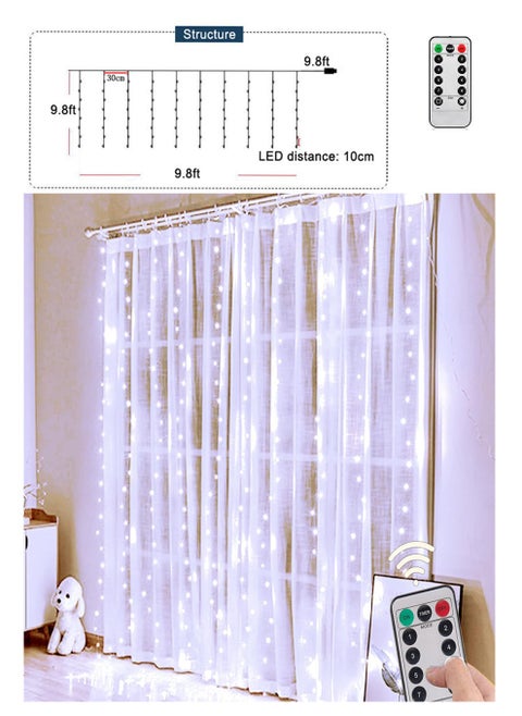 White Curtain String Lights with Remote Control 8 Lighting Modes and Timer Dimmable USB Suitable for Bedroom, Party, Wedding, Home Decor