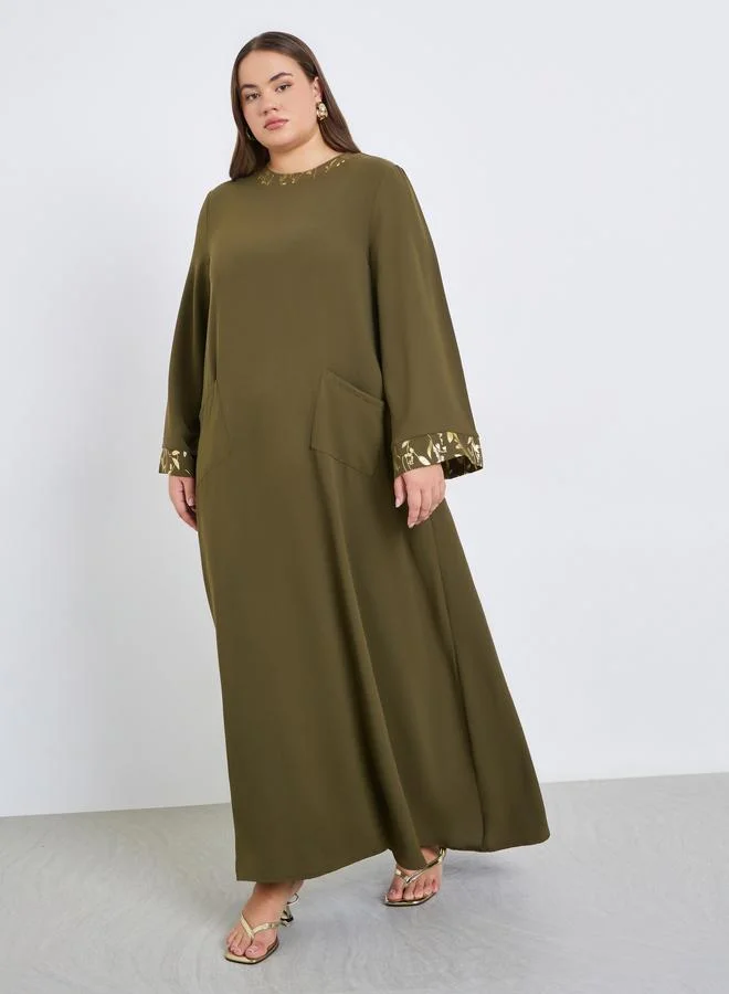 Amirah  Plus Size Foil Trim Jalabiya with Pocket for Women | Best Price UAE