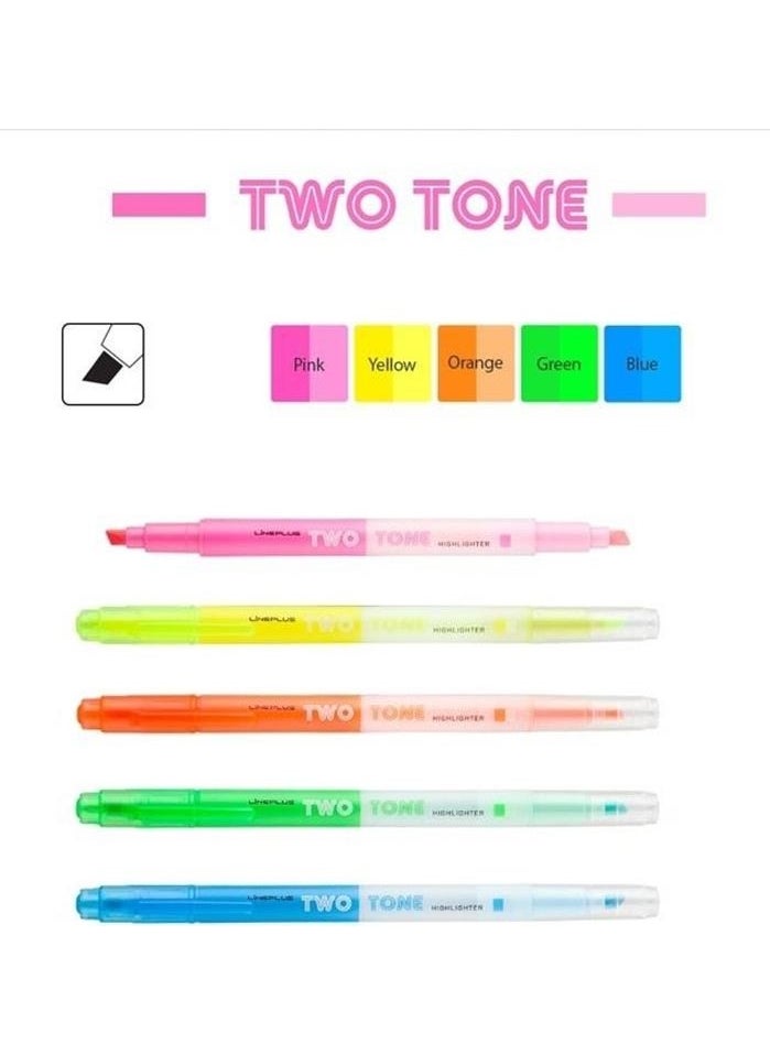 lineplus Highlighter Pen 5 Colors Transparent Two Tone 1 Pack Marker Pen 5 Pack Yellow Pink Orange Green Blue  - Image 2