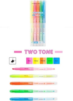 lineplus Highlighter Pen 5 Colors Transparent Two Tone 1 Pack Marker Pen 5 Pack Yellow Pink Orange Green Blue  - Image 1