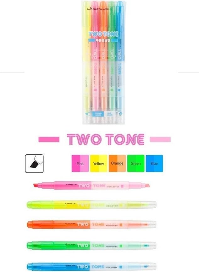 lineplus Highlighter Pen 5 Colors Transparent Two Tone 1 Pack Marker Pen 5 Pack Yellow Pink Orange Green Blue  - Image 1