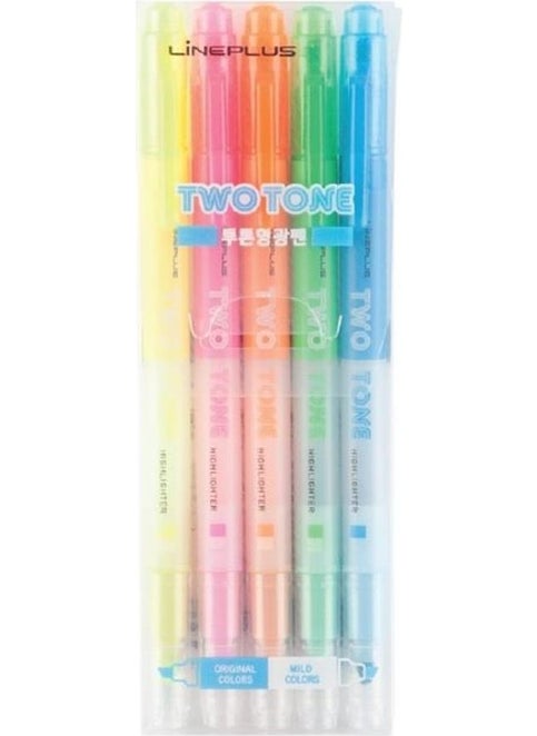 lineplus Highlighter Pen 5 Colors Transparent Two Tone 1 Pack Marker Pen 5 Pack Yellow Pink Orange Green Blue  - Image 3