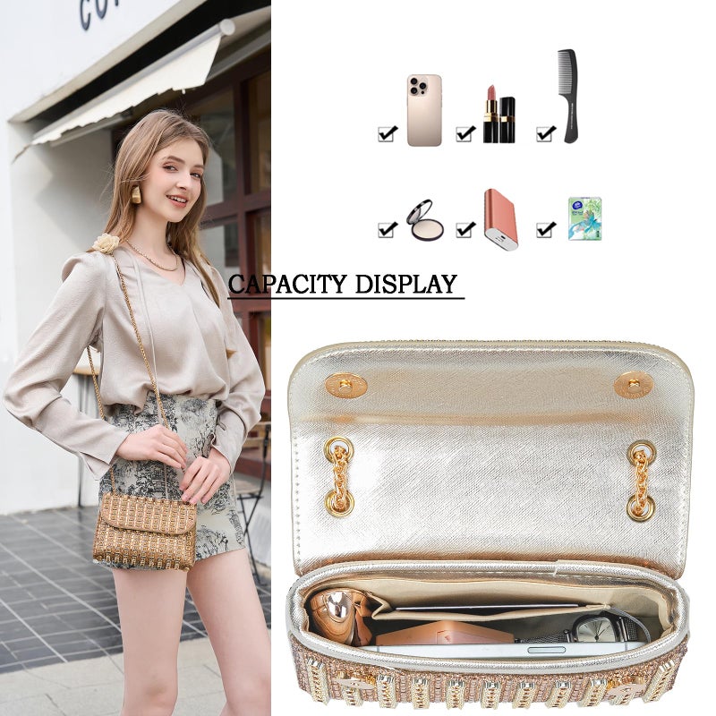 BBTT.ful Rhinestone Evening Handbags for Women Shoulder Bags Crossbody Bag Bling Bling Crystals Clutch Purse with Chain (Gold) - Image 3