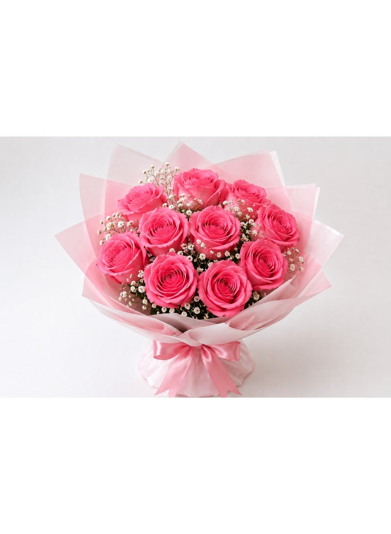 Bouquet of 10 Fresh Pink Roses with White Baby's Breath, Layered Wrapping & Pink Ribbon