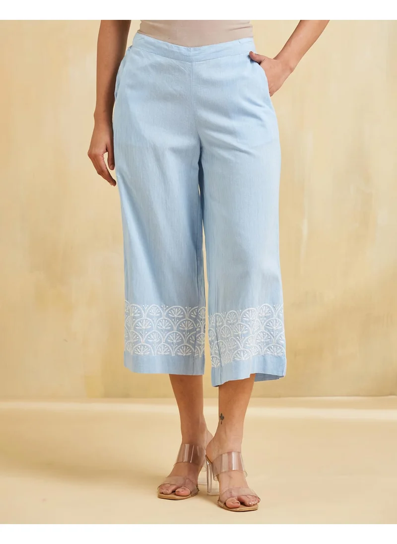 فاب انديا Blue Cotton Chikankari Culottes