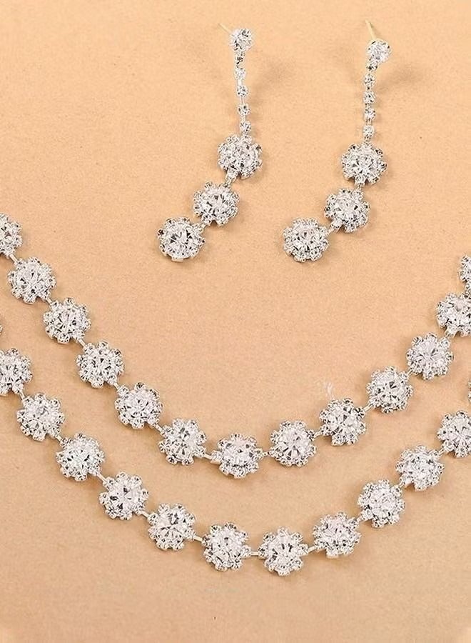 3 Pcs Necklace Earrings Set Flowers Charm Layered Chain Ear Dangle Bridal Evening Dress Accessories for Women Silver/Clear