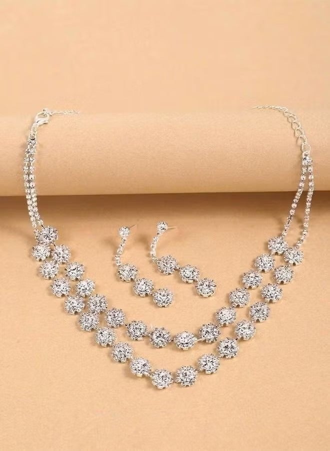 3 Pcs Necklace Earrings Set Flowers Charm Layered Chain Ear Dangle Bridal Evening Dress Accessories for Women Silver/Clear