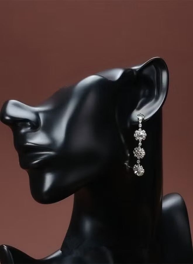 3 Pcs Necklace Earrings Set Flowers Charm Layered Chain Ear Dangle Bridal Evening Dress Accessories for Women Silver/Clear