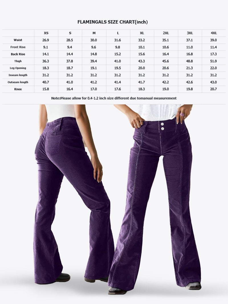 Flamingals Mid Rise Corduroy Pants for Women Seam Front Double Button Work Trouser Flare Pants Trendy Purple L - Image 4