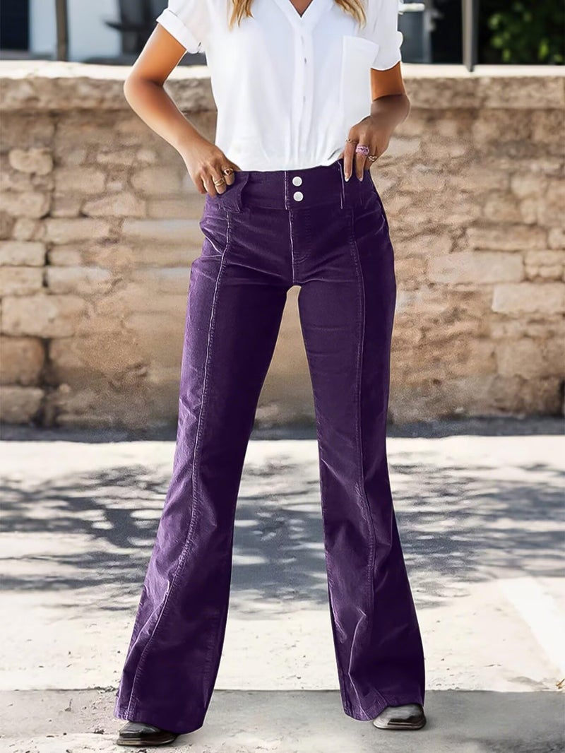 Flamingals Mid Rise Corduroy Pants for Women Seam Front Double Button Work Trouser Flare Pants Trendy Purple L - Image 5