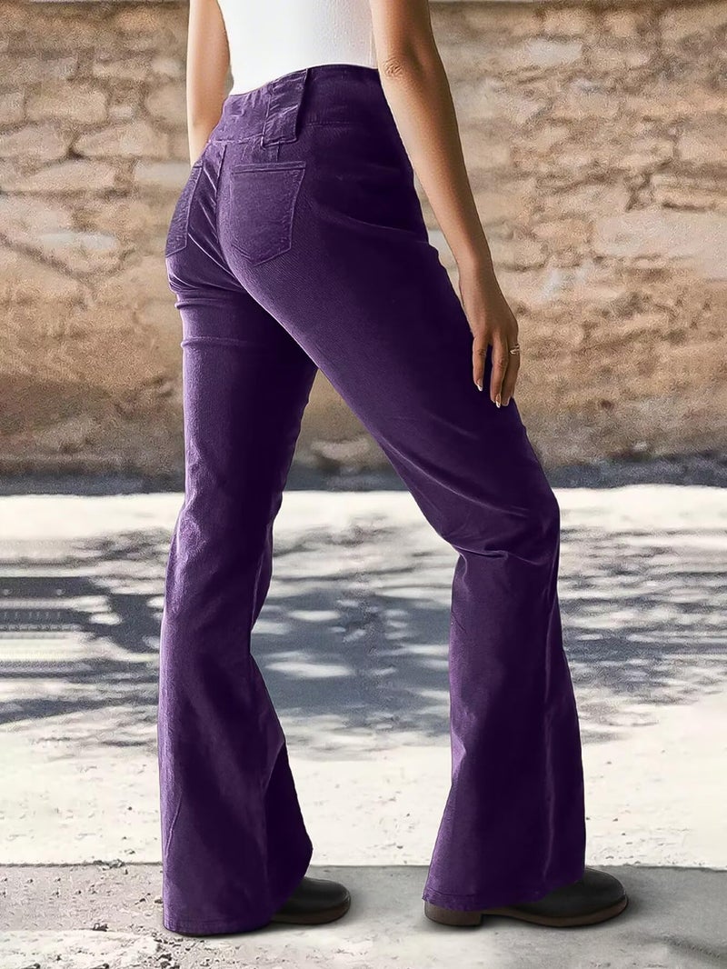 Flamingals Mid Rise Corduroy Pants for Women Seam Front Double Button Work Trouser Flare Pants Trendy Purple L - Image 3