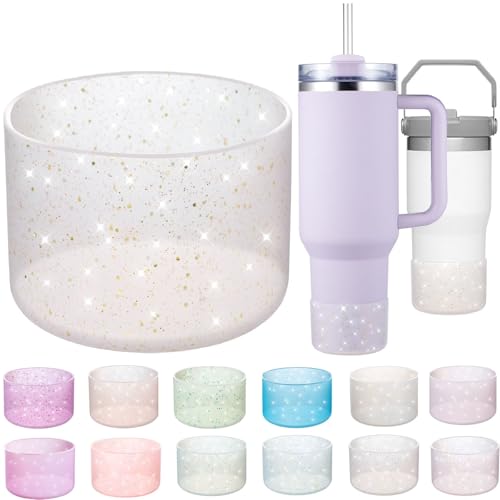 Onlymory Silicone Boot for 30 40 OZ Stanley Cup Accessories, Glitter Boots for Stanley 20OZ 30OZ Tumbler Ice-Flow 16OZ Bottle, Anti-Slip Bling Protector Bottom Cover Sleeve, Clear Gold Pink - Image 1