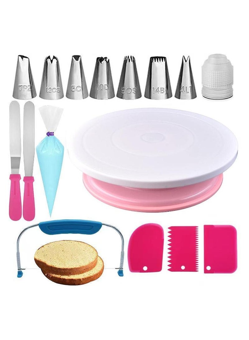 35PCs Cake Turntable and Leveler-Rotating Cake Stand with Non Slip pad-7 Icing Tips and 20 Bags-Straight & Offset Spatula-3 Sc Set-Baking Tools（Pink&Rose Red）  - Image 1