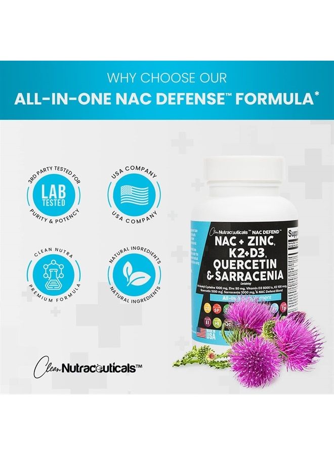 Clean Nutraceuticals NAC Supplement N-Acetyl Cysteine 1000mg Vitamin D3 K2 Zinc Quercetin 1000mg Sarracenia Purpurea 1000mg with Elderberry Holy Basil Bee Propolis Bromelain L-Lysine Made in USA - 60 Count - Image 2