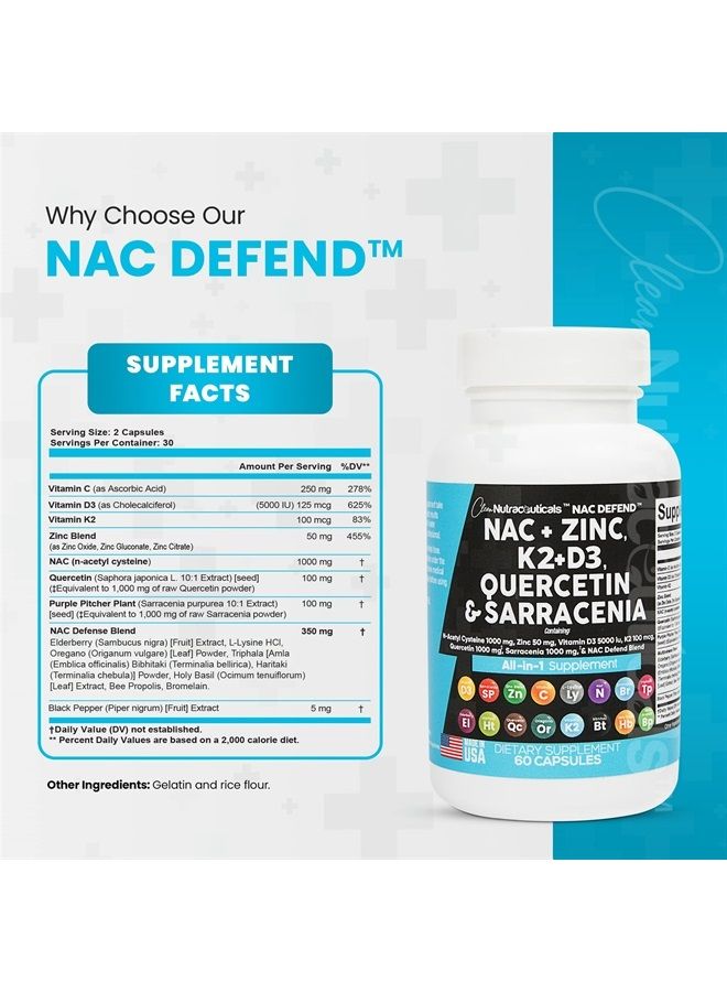 Clean Nutraceuticals NAC Supplement N-Acetyl Cysteine 1000mg Vitamin D3 K2 Zinc Quercetin 1000mg Sarracenia Purpurea 1000mg with Elderberry Holy Basil Bee Propolis Bromelain L-Lysine Made in USA - 60 Count - Image 1