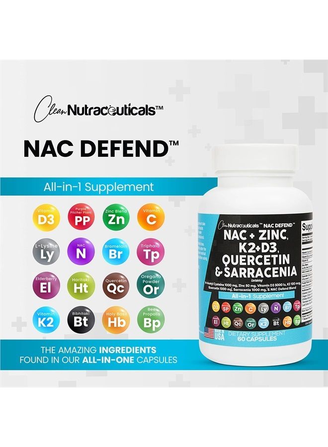 Clean Nutraceuticals NAC Supplement N-Acetyl Cysteine 1000mg Vitamin D3 K2 Zinc Quercetin 1000mg Sarracenia Purpurea 1000mg with Elderberry Holy Basil Bee Propolis Bromelain L-Lysine Made in USA - 60 Count - Image 3