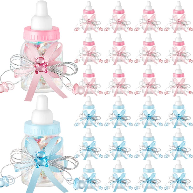 Nuenen 48 Pcs Baby Shower Bottles Mini Milk Bottle Plastic Bear Candy Bottles with Ribbon Baby Shower Wedding Gift for GuestBlue Pink