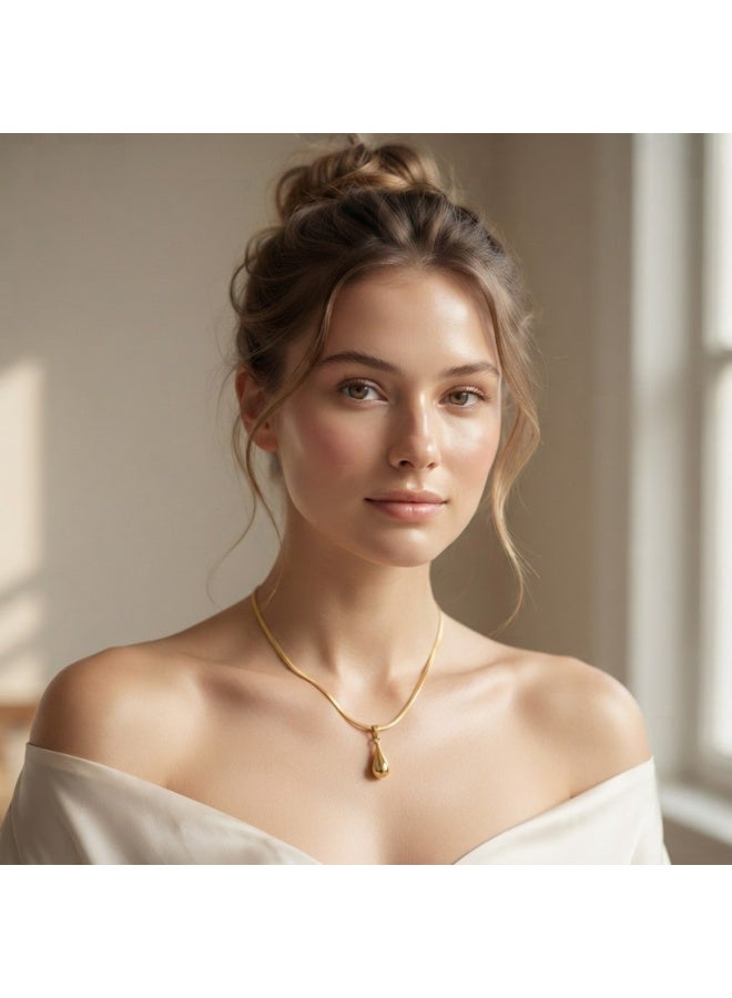 Julia Store 18K Gold Plated Stainless Steel Aesthetic Exquisite Luxury Elegant Dainty Cute Trendy Delicate Charm Dainty Minimalist Herringbone Snake Teardrop Pendant Necklace Jewelry Gift For Women - Image 3