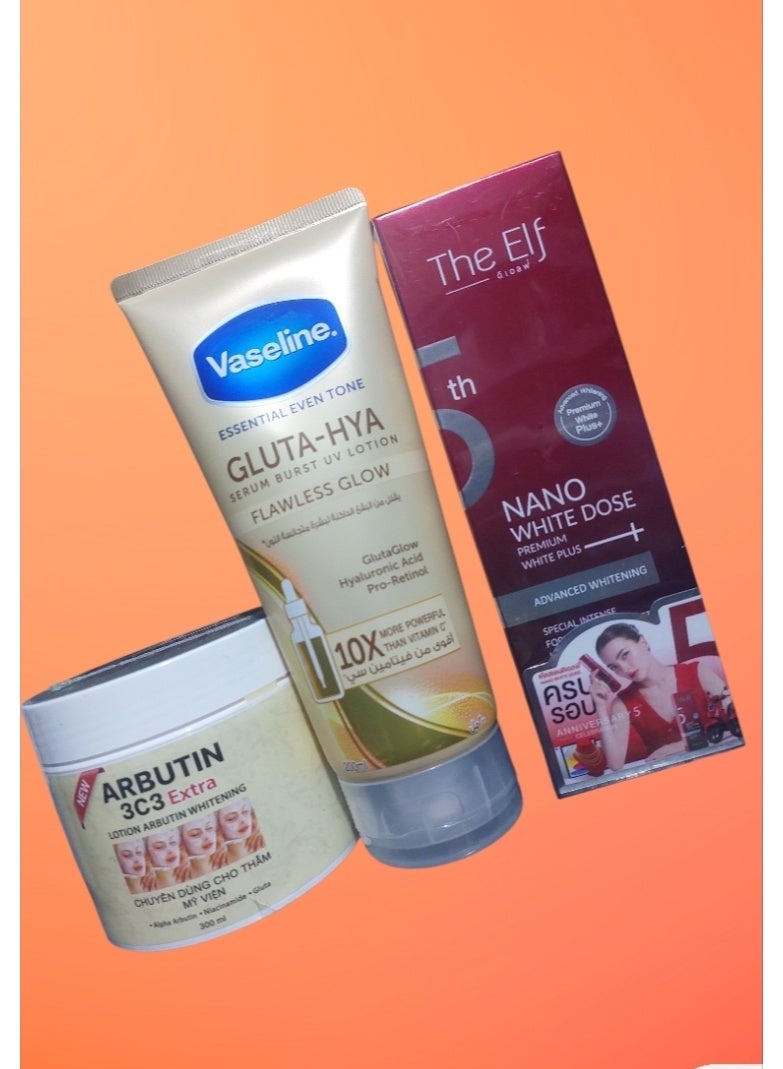 The Elf Skin whitening and rejuvenation set consisting of Nano White Dose Premium White Plus Serum 60ml + Gluta Flawless Glow Body Lotion Burst Vaseline Serum 200ml + Aptoin 3C3 Cream 300ml - Image 1
