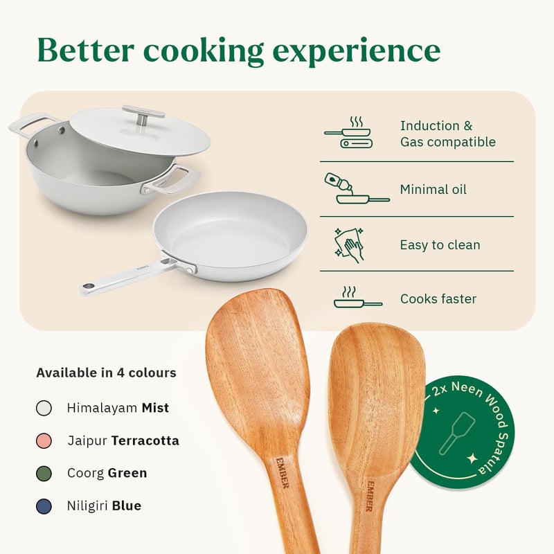 Ember Cookware طقم أواني الطهي السيراميكية غير اللاصقة من إمبر 5 قطع | معتمد من ISI | يشمل مقلاة، كاداي مع غطاء، ملعقتين خشبيتين وممحاة تنظيف لطيفة | متوافق مع الحث | خالي من PFAS و PTFE - رمادي - Image 3