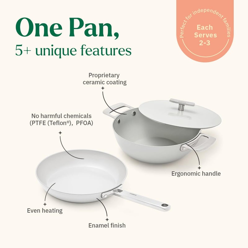 Ember Cookware طقم أواني الطهي السيراميكية غير اللاصقة من إمبر 5 قطع | معتمد من ISI | يشمل مقلاة، كاداي مع غطاء، ملعقتين خشبيتين وممحاة تنظيف لطيفة | متوافق مع الحث | خالي من PFAS و PTFE - رمادي - Image 2