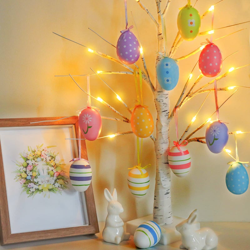 Bunny Chorus 23.2" Lighted Birch Tree with 12pcs Colored Egg Tree Ornaments, Easter Table Decor with Lights, Kids School Party Supplies Gifts, Spring Decorations for Home - Image 1