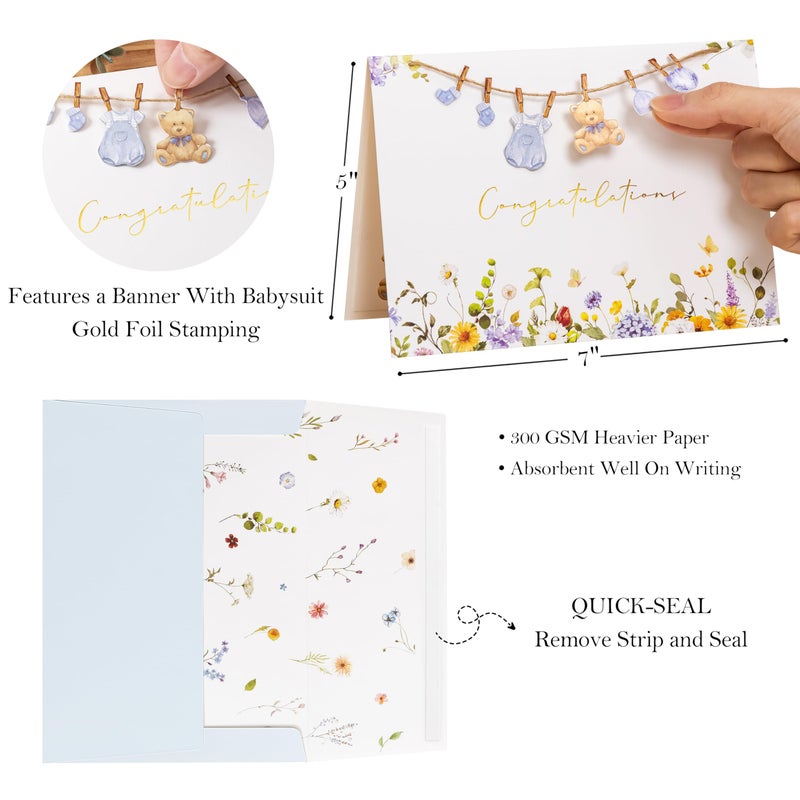 Crisky Baby Shower Cards for Boy Welcome New Baby Boy Cardï¼ˆ Blue Wildflower Floral Bearï¼‰ - Image 2